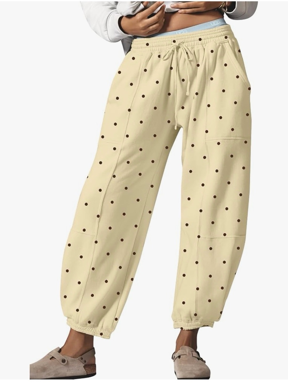 Amazon Cream Jogger Pants with Brown Polka Dots